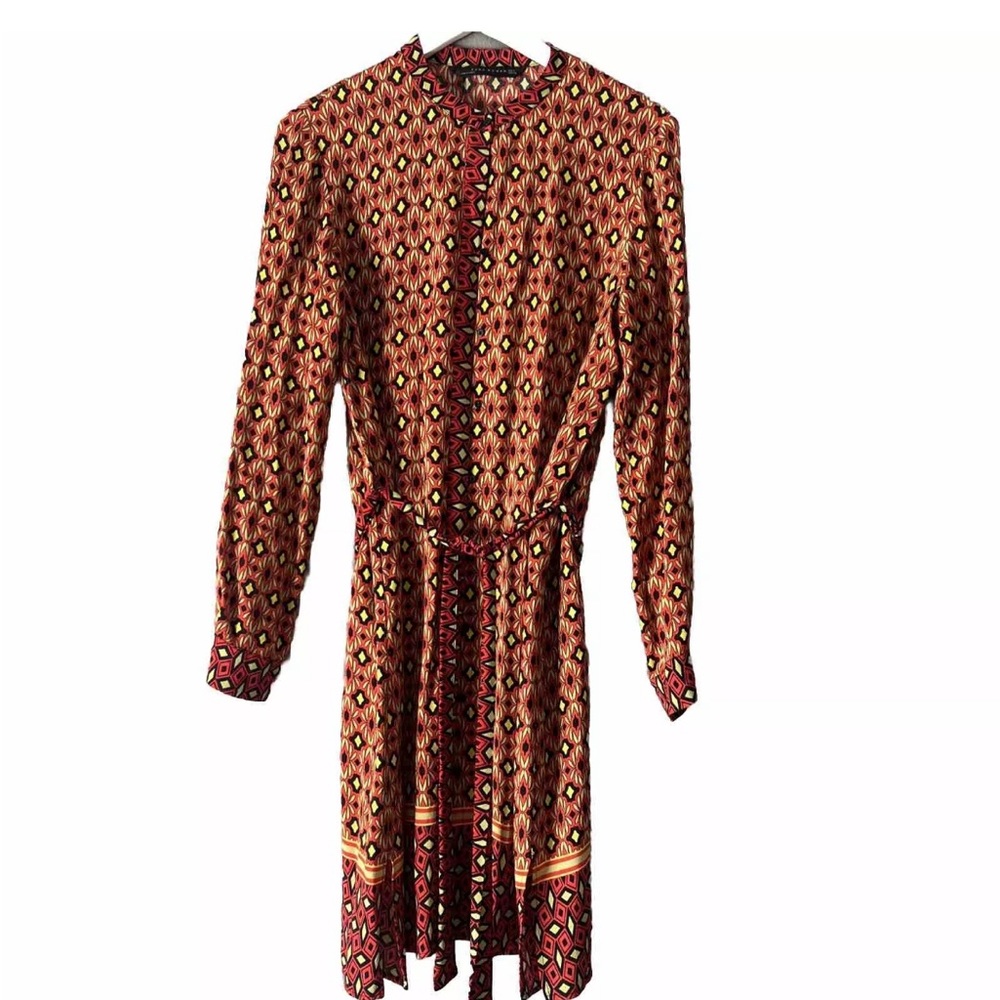 Zara geometric red yellow tie dress size medium NWT